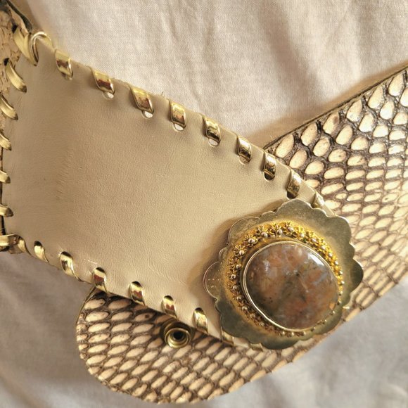 BOHO Cobra Snakeskin Belt with Bronzite Crystal Gemstone Beige Leath… - Picture 2 of 6